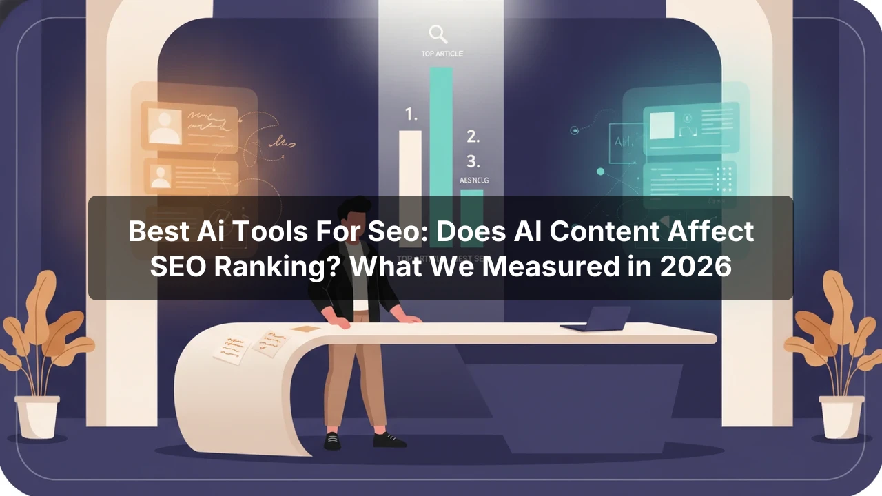 ai tools for seo — Content strategist comparing human-edited and AI-generated content drafts with merged result rising into search rankings